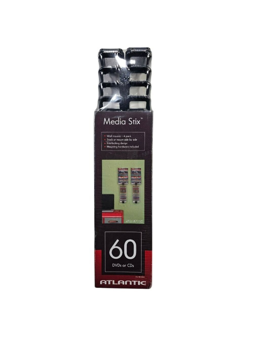 Atlantic Media Stix NEW SEALED 4-Pack Wall Mount For 60 CDs Or DVDs Black